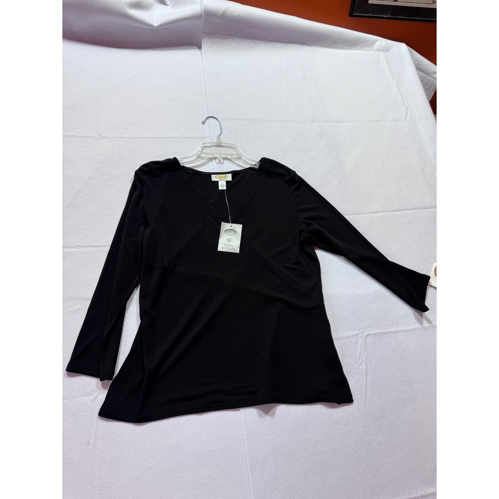 Talbots Black V-Neck Long Sleeve Asymmetrical Seam Wrap Top Blouse Size 12 NWT